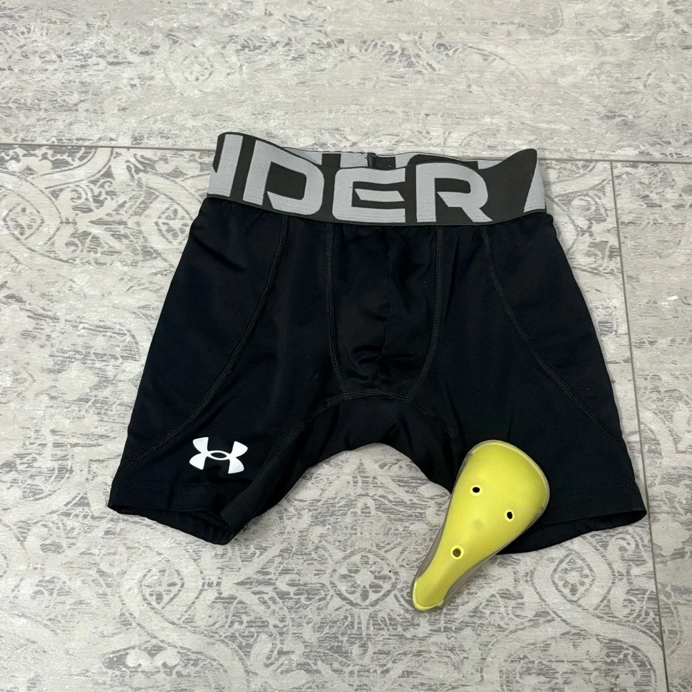 Under Armour Youth Black Compression Sliding Shorts + Protective Cup | SZ XS